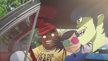 Russel, Noodle et Murdoc des Gorillaz dans le clip de "Saturnz".
 (Jamie Hewlett)