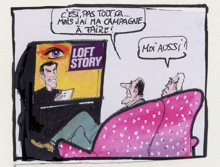 Dessin de Calvi représentant Jacques Chirac et Lionel Jospin devant "Loft Story". (CALVI / MAXPPP)