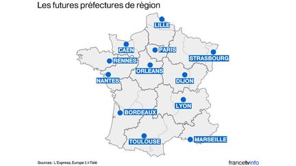 "L'Express", I-T&eacute;l&eacute; et Europe 1 ont d&eacute;voil&eacute;, le 13 avril 2015, la carte des futures chefs-lieux de r&eacute;gions retenus par le gouvernement. (FRANCETV INFO)