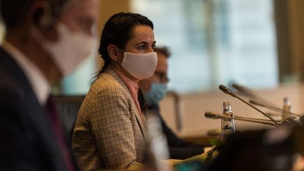 L'opposante biélorusse&nbsp;Svetlana Tikhanovskaïa s'exprime devant la commission des Affaires étrangères de l'Union européenne, à Bruxelles en Belgique, le 21 septembre 2020. (JONATHAN RAA / NURPHOTO / AFP)