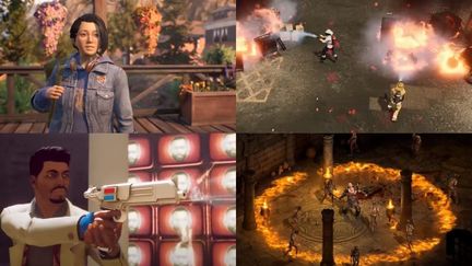 De gauche à droite et de haut en bas : "Life is Strange : True Colors", "Fire commander", "Deathloop" et "Diablo II : Resurrected".&nbsp; (FRANCEINFO)