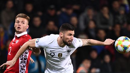 L'attaquant des Bleus Olivier Giroud lors du match de qualification à l'Euro 2020 face à la Moldavie, vendredi 22 mars 2019 à Chisinau (Moldavie). (FRANCK FIFE / AFP)