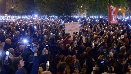 Des milliers de Hongrois ont manifest&eacute;, dimanche 26 octobre &agrave; Budapest, contre un projet de taxe sur l'utilisation d'internet (MARJAI JANOS / ANADOLU AGENCY /AFP)