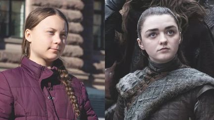 Greta Thunberg, l'adolescente suédoise&nbsp;devenue icône de la lutte contre le réchauffement climatique, et Arya Stark, jeune héroïne de la série "Game of Thrones". (PER GRUNDITZ / SHUTTERSTOCK / FANDOM)