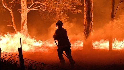 Un soldat du feu lutte contre un incendie près de la ville de Nowra, dans l'Etat australien de Nouvelle-Galles du Sud, le 31 décembre 2019. (SAEED KHAN / AFP)