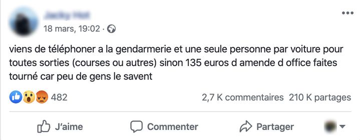 Une capture d'écran d'un post Facebook expliquant que les déplacements en voiture sont interdits à plusieurs. (CAPTURE ECRAN)