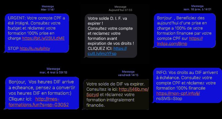 Extraits de SMS de démarchages relatifs au Compte personnel de formation reçus par franceinfo.  (CAPTURE ECRAN / FRANCEINFO)