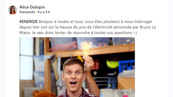 L'une de nos journalistes spécialisés en économie, Alice Galopin, se lance dans un #OnVousRépond dédié à la hausse des prix de l'électricité, le 22 janvier 2024. (franceinfo)