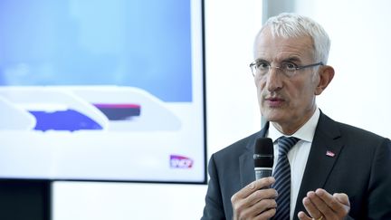 Le président de la SNCF Guillaume Pepy lors d'une conférence de presse, le 26 juillet 2018 à La Plaine Saint-Denis (Seine-Saint-Denis). (ERIC PIERMONT / AFP)