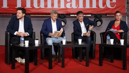 Julien Bayou (EELV), Fabien Roussel (PCF), Olivier Faure (PS) et Mathilde Panot (LFI) à la Fête de l'Humanité, au Plessis-Pâté (Essonne), le 10 septembre 2022. (THOMAS SAMSON / AFP)