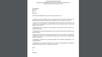 Aperçu de l'auto-attestation dérogatoire pour usage des transports publics collectifs en Île-de-France à certaines plages horaire. (PREFECTURE D'ILE-DE-FRANCE)