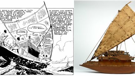 A gauche, "La Ballade la mer salée" (1967) A droite, modèle réduit de pirogue double, vëkêkaré (19e s.- Nouvelle-Calédonie, île des Pins).
 (Cong S.A. Suisse/ Musée des Confluences / Olivier Garcin)