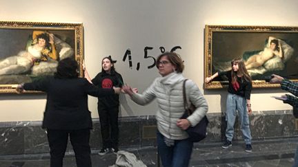 Des militantes ont collé leurs mains&nbsp;sur des cadres de tableaux du peintre&nbsp;Francisco Goya au musée du Prado, à Madrid (Espagne), le 5 novembre 2022. (AFP / EXTINCTION REBELLION)