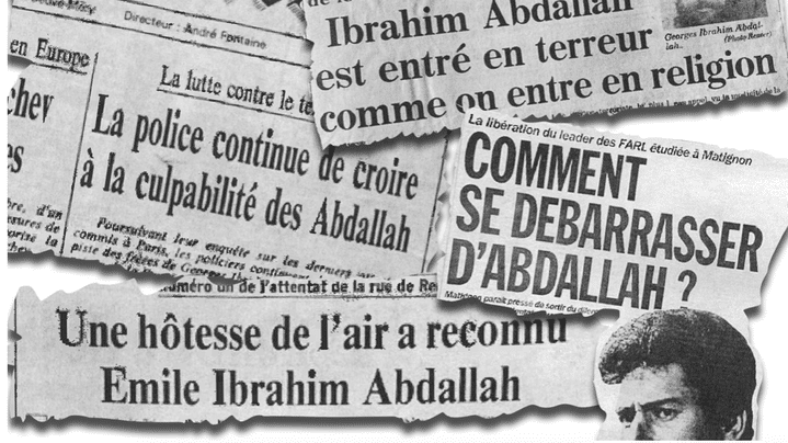 Coupures de presse de journaux datant de 1985 et 1986 accusant faussement Abdallah d’être responsable de la vague d’attentats. (Archives diverses – Cellule investigation de Radio France)