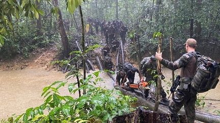 Une colonne de soldats français de l'opération Harpie, en progression dans la forêt guyanaise, lors d'une mission de recherche d'installations d'orpailleurs illégaux, en 2020. (ETAT-MAJOR DES ARMÉES)