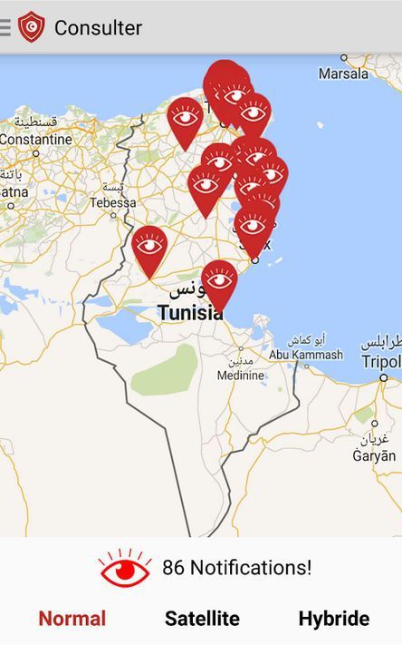 Capture d'écran de la carte avec les différents signalements des utilisateurs. (Présentation Edder3 sur Google Play)