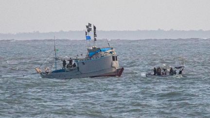 L'équipage du patrouilleur de la Marine nationale La Confiance, au large de Remire-Montjoly, en Guyane, le 14 novembre 2022. (JODY AMIET / AFP)