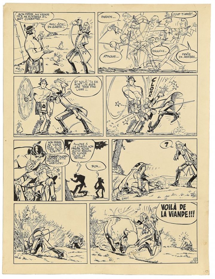 Planche d'Albert Uderzo extraite de l'album "Le Peau Rouge" de Umpah Pah paru en 1961.&nbsp;Encre de Chine sur papier (47 cm de haut sur 38 cm de large)&nbsp;vendue 65 000 euros chez Artcurial le 26 mai 2020 au profit de la Fondation Hôpitaux de Paris Hôpitaux de France.&nbsp; (ARTCURIAL)