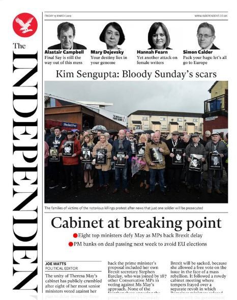 La une de "The Independent", le 15 mars 2019. (THE INDEPENDENT)