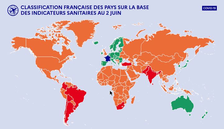 La classification française des pays étrangers sur la base de la situation sanitaire au 2 juin 2021. (GOUVERNEMENT)