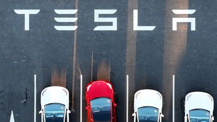 Des voitures Tesla garées dans l'enceinte de l'usine du constructeur de Frémont (Californie). (JOSH EDELSON / AFP)