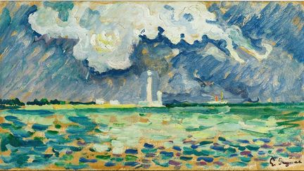 Le Phare de Gatteville, peint par Paul Signac en 1934 (huile sur carton, 17.7 x 32.6 cm), et que l'on trouve au&nbsp;musée Thomas Henry, à&nbsp;Cherbourg-en-Cotentin (Manche). (© Musée Thomas Henry / Alexis Morin)