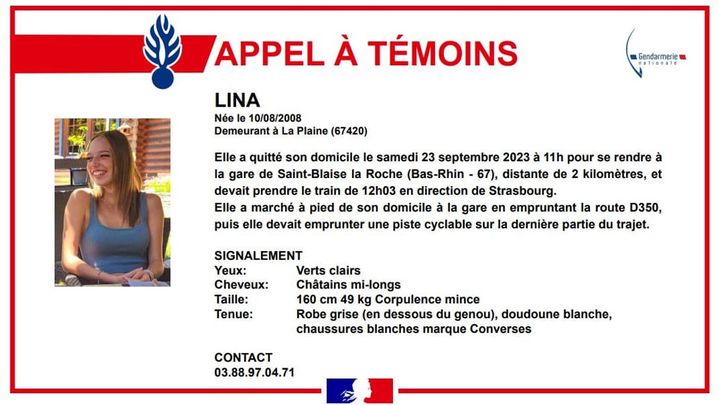 The appeal for witnesses concerning the disappearance of Lina, broadcast by the gendarmerie of Schirmeck (Bas-Rhin). (GENDARMERIE NATIONALE)