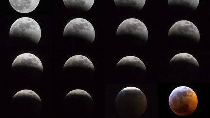 Toutes les phases de l'éclipse de totale de Lune au-dessus de New York (Etats-Unis), le 21 janvier 2019. (WILLIAM VOLCOV / BRAZIL PHOTO PRESS / AFP)