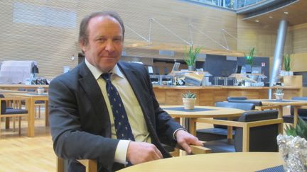 Teuvo Hakkarainen, d&eacute;put&eacute; des "Vrais Finlandais" &agrave; Helsinki, le 23 avril 2014. (SALOME LEGRAND / FRANCETV INFO)