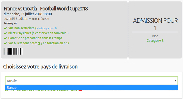 Seule une livraison en Russie est disponible pour ce billet du match de la finale de Coupe du monde, vendu sur le site Viagogo.fr, vendredi 13 juillet 2018. (CAPTURE ECRAN VIAGOGO / FRANCEINFO)