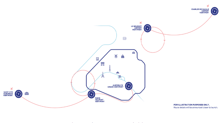 Trajectoires des taxis-volants envisagées pour l'été 2024. (VOLOCOPTER / GROUPE ADP)