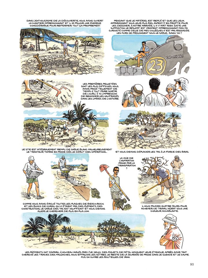 Les archéologues en plein travail. Planche extraite de la bande dessinée "Les Esclaves oubliés&nbsp;de Tromelin" par Savoia. (© DUPUIS 2019)