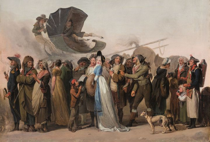 Louis-Léopold Boilly (1761-1845). "La Marche incroyable", vers 1797. Huile sur panneau, 39,3 x 51 cm. Collection particulière. (COLLECTION PARTICULIERE / GUILLAUME BENOIT)