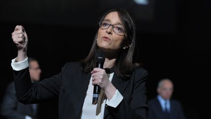 Delphine Ernotte Cunci lors d'une conf&eacute;rence de presse du groupe Orange, le 17 mars 2015, &agrave; Paris. (ERIC PIERMONT / AFP)