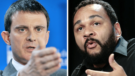 Le ministre de l'Int&eacute;rieur, Manuel Valls, &agrave; Bruxelles (Belgique), le 5 d&eacute;cembre 2013, et l'humoriste Dieudonn&eacute;, le 29 novembre 2009 &agrave; Paris. (GEORGES GOBET / FRANCOIS GUILLOT / AFP)