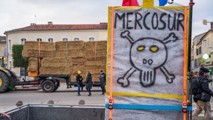 Un panneau contre l'accord commercial UE-Mercosur lors d'une manifestation d'agriculteurs à Auch (Gers), le 19 novembre 2024. (JEAN-MARC BARRERE / HANS LUCAS / AFP)