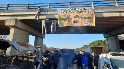 Des mannequins sont pendus, symbole des suicides en cascade parmi les agriculteurs, le 20 janvier sur l'A64, à hauteur de Carbonne. (WILLY MOREAU / RADIO FRANCE)