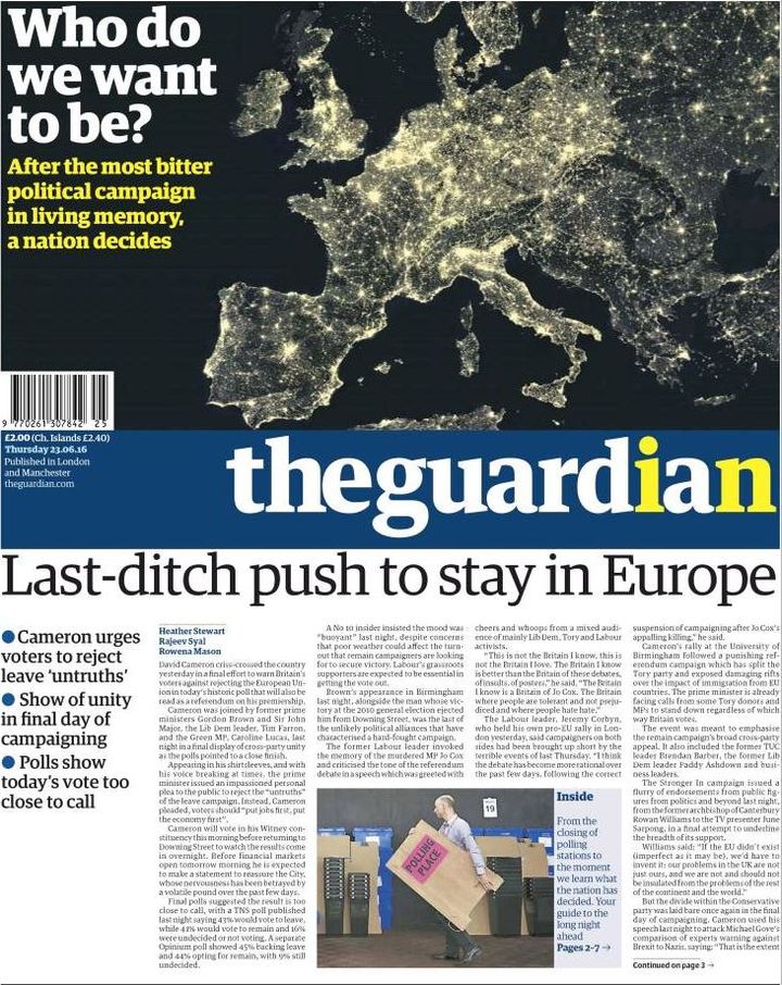 La une du Guardian, le 23 juin 2016. (THE GUARDIAN / FRANCETV INFO)