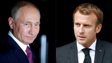 Montage photo montrant le&nbsp;président russe Vladimir Poutine (gauche) et le président français Emmanuel Macron. (ODD ANDERSEN / AFP)