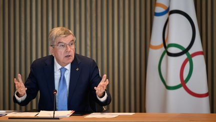 Le président du CIO, Thomas Bach, lors de la commission exécutive du CIO, à Lausanne, le 28 mars 2023. (FABRICE COFFRINI / AFP)