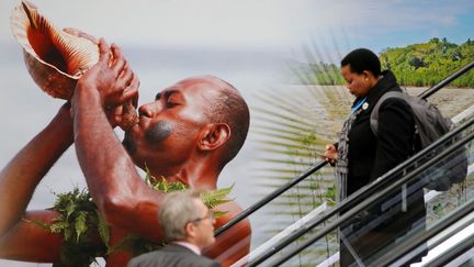 Des participants à la COP 23 passent, le 6 novembre 2017, devant une affiche qui évoque le Fidji, qui assure la présidence de la conférence climatique accueillie par l'Allemagne, à Bonn.  (Wolfgang Rattay)