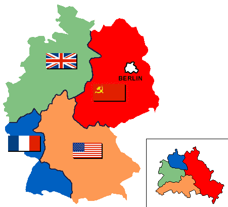 Les quatres zones d'occupation alliée en Allemagne. La zone soviétique devient la RDA tandis que les autres zones fusionnent pour former la RFA.