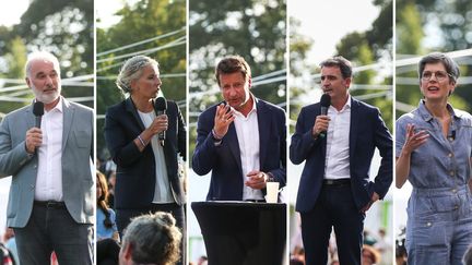 Photo-montage des cinq candidats à la primaire écologiste lors de leurs prises de parole aux journées d'été d'EELV à Poitiers, les 19 et 20 août. De gauche à droite :&nbsp;Jean-Marc Governatori, Delphine Batho, Yannick Jadot,&nbsp;Éric Piolle et&nbsp;Sandrine Rousseau.&nbsp; (MATHIEU HERDUIN / MAXPPP)