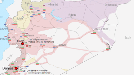 Capture d'écran d'une carte montrant les sites visés par les frappes occidentales en Syrie, le 14 avril 2018. (NICOLAS ENAULT / FRANCEINFO)