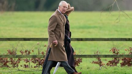 King Charles III and his wife Camilla on February 4, 2024 at the royal residence of Sandringham, United Kingdom.  (JOE GIDDENS / MAXPPP)