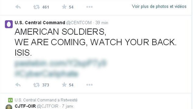 &nbsp; (Le compte Twitter piraté du commandement de l'armée américaine © capture d'écran Twitter CENTCOM)