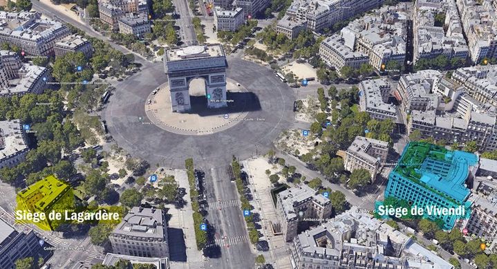 En jaune, à gauche, le siège du groupe Lagardère dans le 16e arrondissement de Paris, et en bleu, le siège de Vivendi dans le 8e arrondissement. (GOOGLE EARTH)