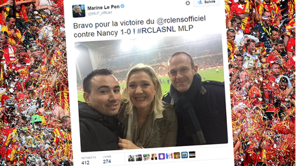 Capture d'écran d'un tweet de Marine Le Pen s'affichant au stade Bollaert de Lens, le 2 novembre 2015. (MAXPPP / FRANCETV INFO)