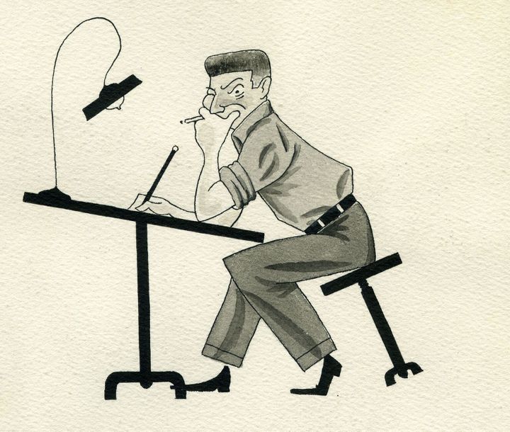 René Goscinny Autoportrait à la table à dessins 1948 Encre de Chine noire, gouache grise sur papier, 19,7 x 16,5 cm 
