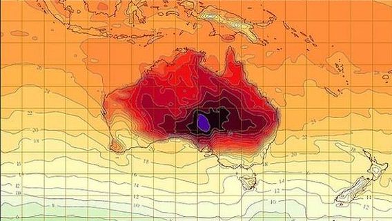 Le bureau national australien de m&eacute;t&eacute;orologie a d&ucirc; recourir &agrave; une nouvelle couleur sur ses cartes, pour symboliser les pics de chaleur, mardi 8 janvier 2013.&nbsp; (WWW.BOM.GOV.AU / FRANCETV INFO)